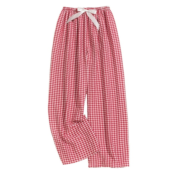 hotojiny Women's Pajama Pants Comfy Casual Elastic Waist Plaid Pj Bottom Lounge Cute Bow Wide Leg Sleepwear Beachwear