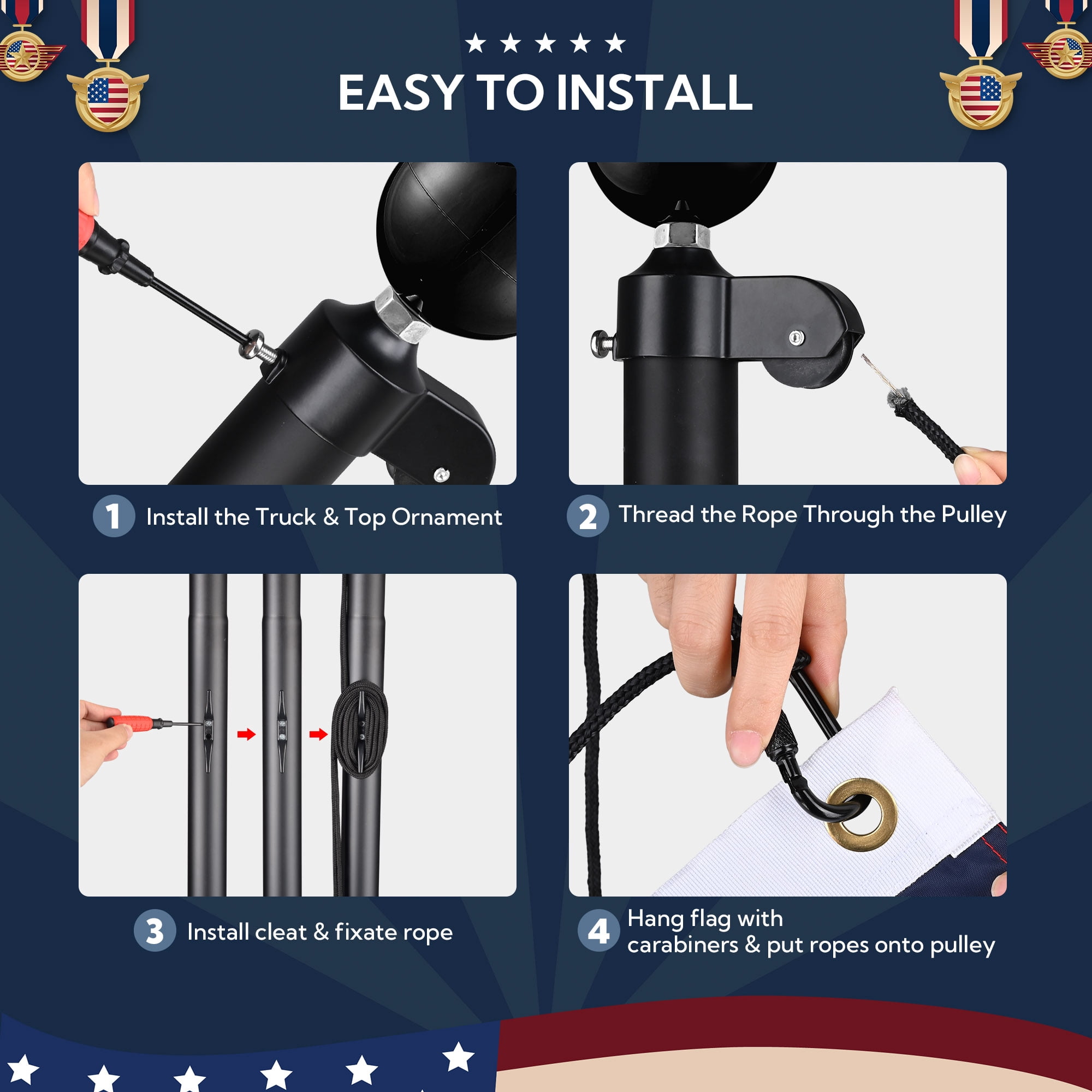 Yescom 100% Aluminum Flagpole Hardware Repair Kit 50FT Wire Core Halyard Rope & Carabiners Eagle Topper for 20/25/30FT Sectional Flag Pole Black