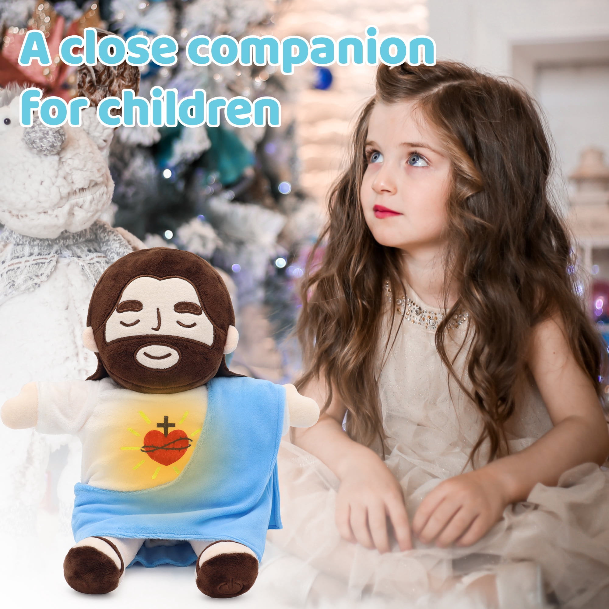 15.7in Sacred Heart Of Jesus Plush Doll, Breathing Jesus With Glowing Light, Christian Religious Toy For Church, Sunday School, Prayer, Home Decor, Christening, Baptism, Easter Gifts For Kids-Blue
