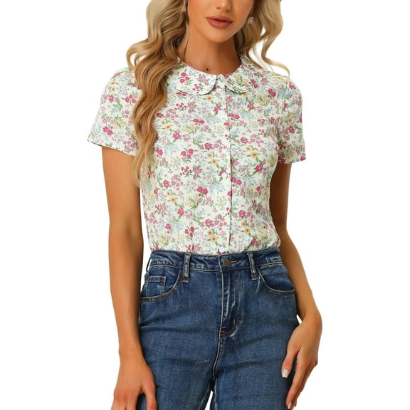 MODA NOVA Junior's Retro Peter Pan Collar Buton Front Floral Print Blouse Cream White S