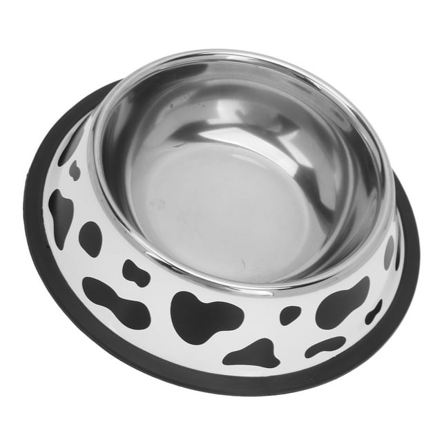 Cuencos para perros de acero inoxidable, cuenco redondo con patrón de vaca para mascotas, cuencos para caquorros con fondo de anillo de goma, cuencos de metal