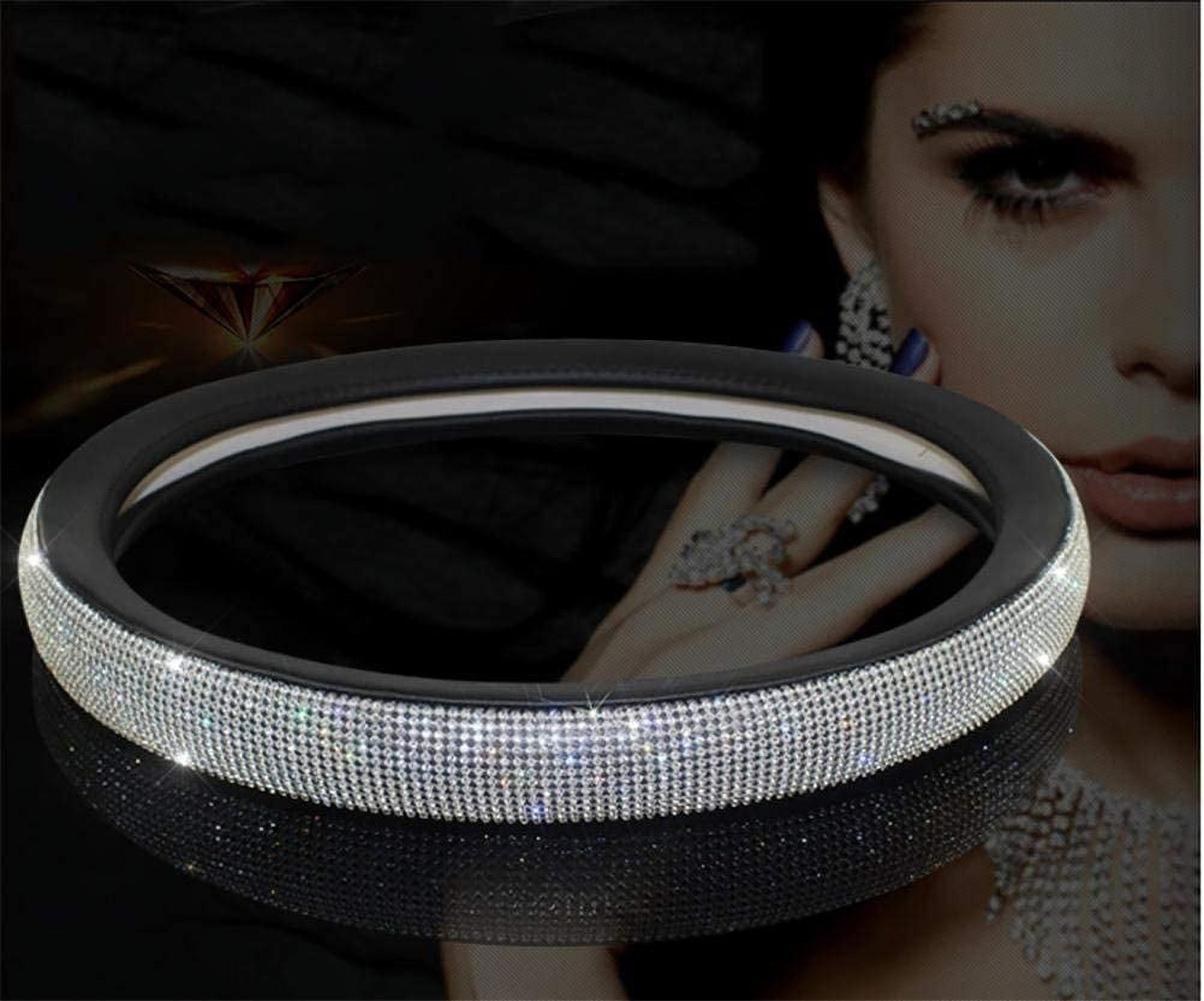 Diamond Leather Steering Wheel Cover with Bling Bling Crystal Rhinestones,Large-Size of 15 1/2 inches-16 inches Black