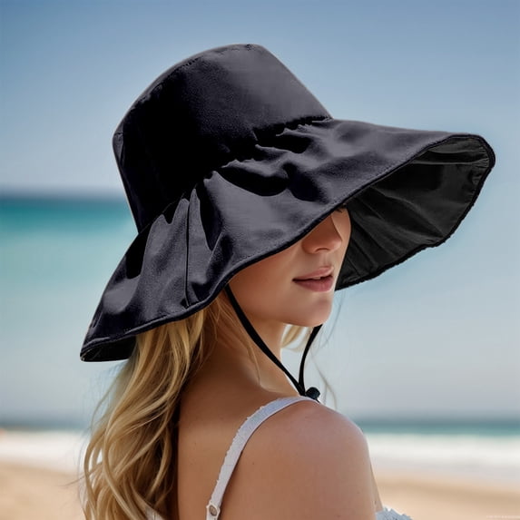 XINPING Women's Black Lined Sun Bucket Hat, Wide Brim UV Protection Beach Vacation Hat Breathable and Adjustable for Outdoor Travel Beach, Hiking & Pool