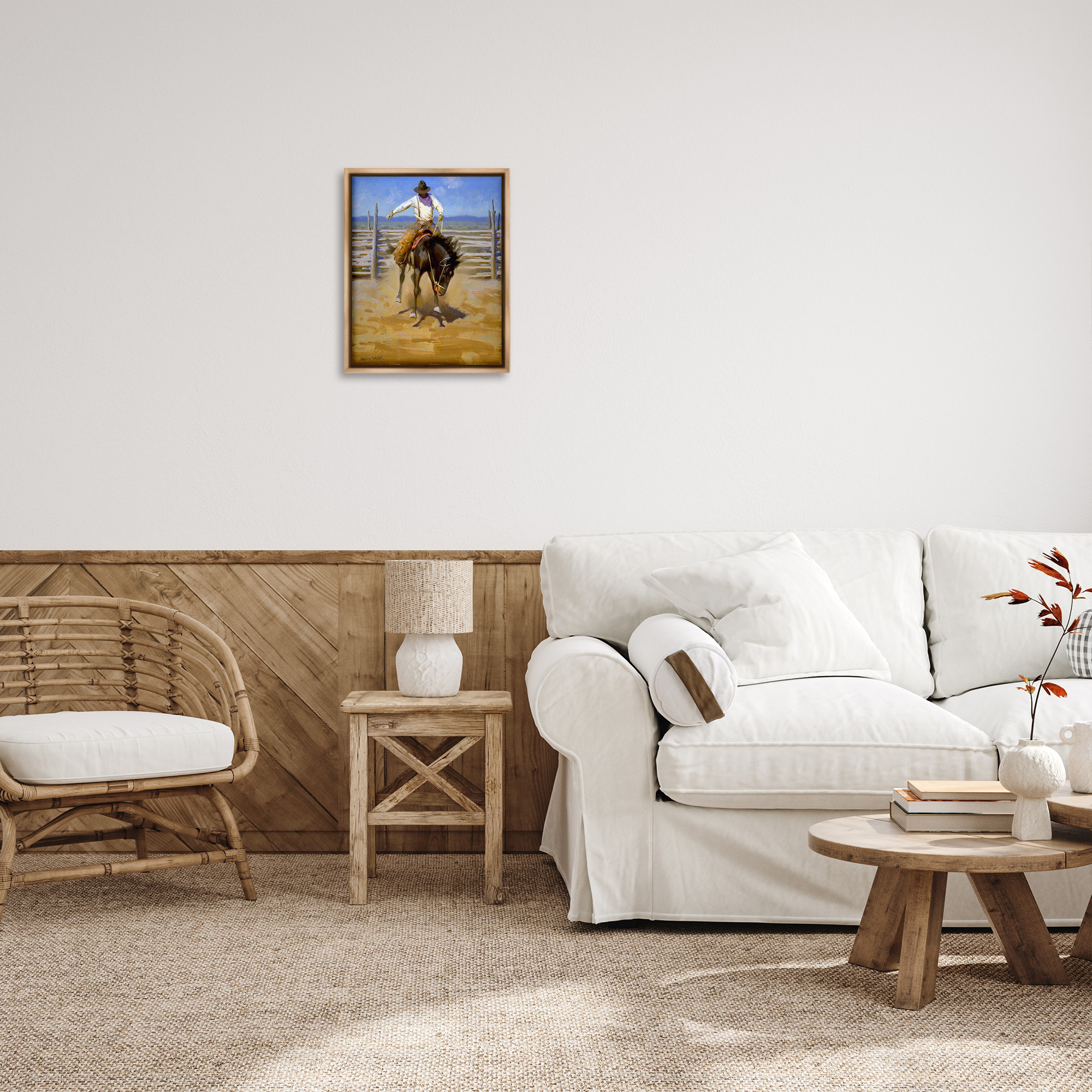 Stupell Industries Cowboy on Farm Landscape Painting Brown Floater Framed Canvas Art Print Wall Art, 17 x 21