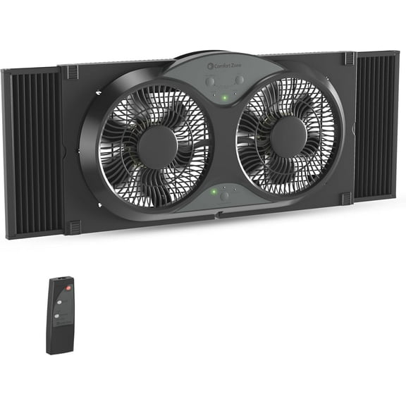 Comfort Zone 9'' Reversible Twin Window Fan with Remote Control, Black