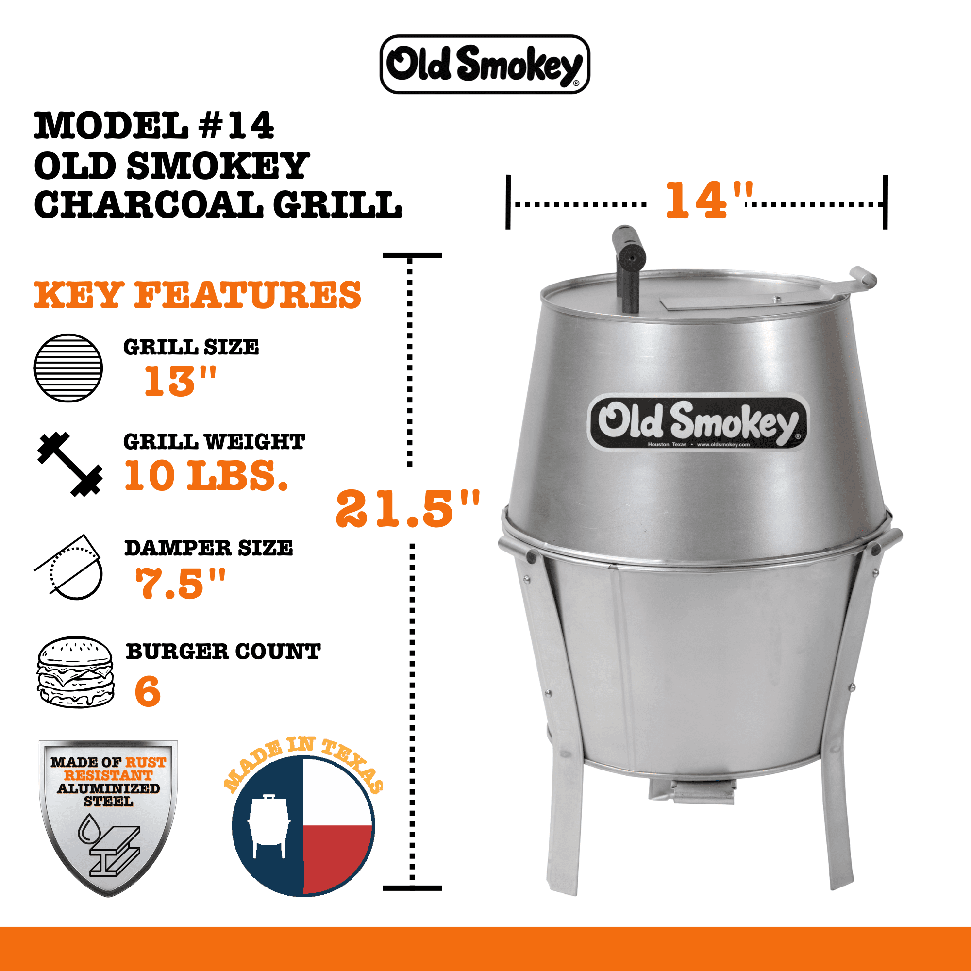 Old Smokey 14 inch Portable Charcoal Grill, Durable Steel BBQ Grill