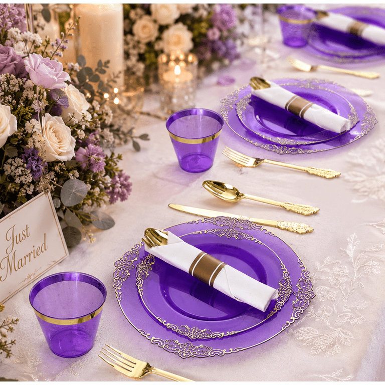 Goodluck Purple Disposable Dinnerware Set, 350-Piece for 50 Guests photo 3