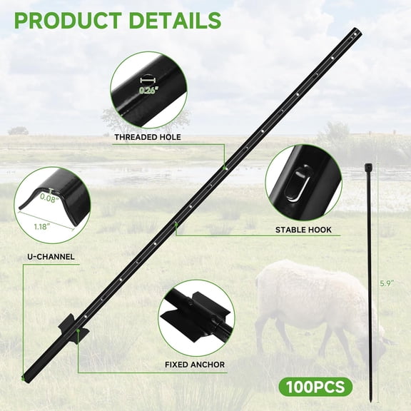 10Pack Fence Posts 4.8Ft in Bulk, Metal Fence Stakes Black Fencing Pole Heavy Duty T Post for Garden Wire Fencing, Black
