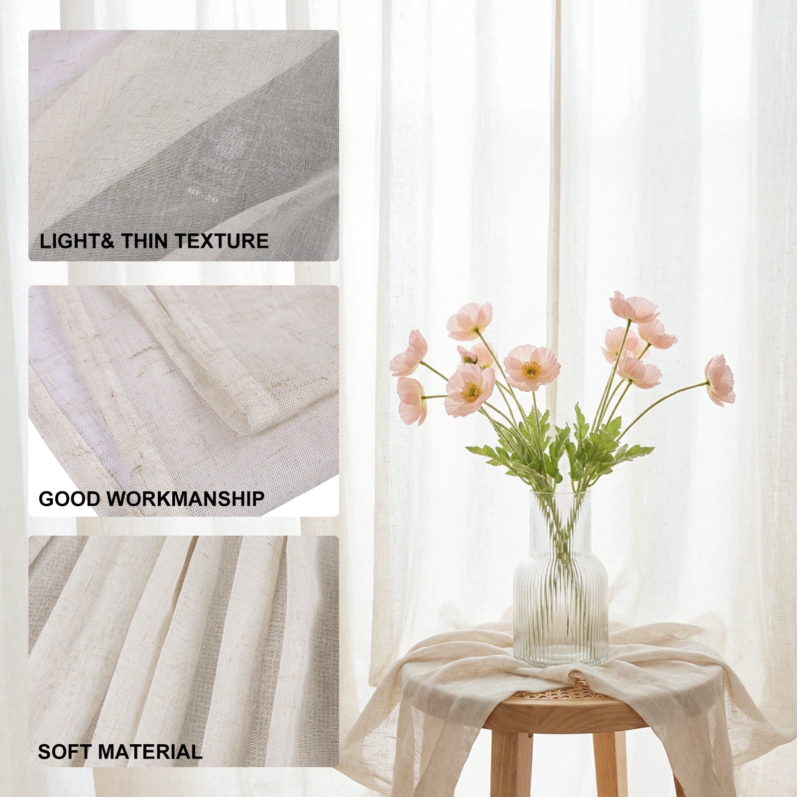 Linen Curtains 72 Inches Long 52" Wide for Bedroom Rod Pocket Semi Sheer Natural Linen Window Drapes Ensure privacy Farmhouse Curtains Extra Wide Curtain Panels(2 Panels)