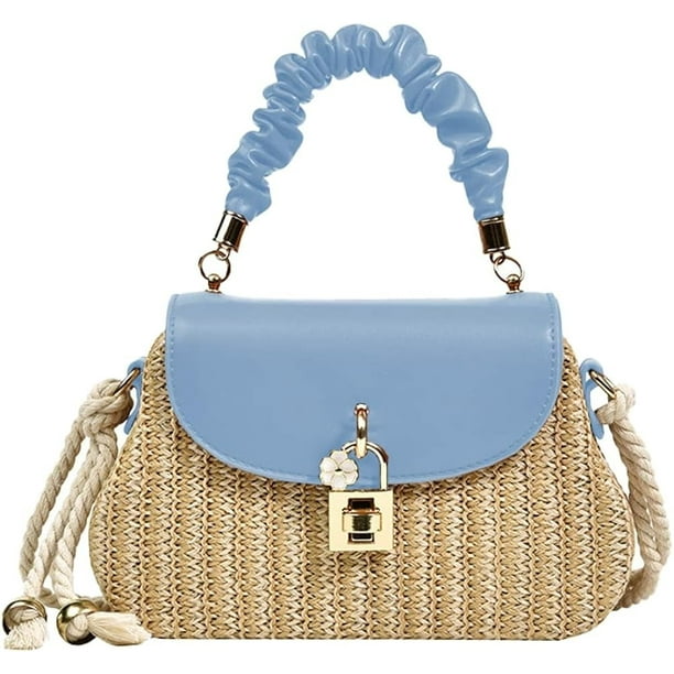 LHSHID Women Straw Crossbody Bag Leather Top Handle Straw Handbag Summer Straw Beach Bag Weave Shoulder Bag Rattan Clutch Purse