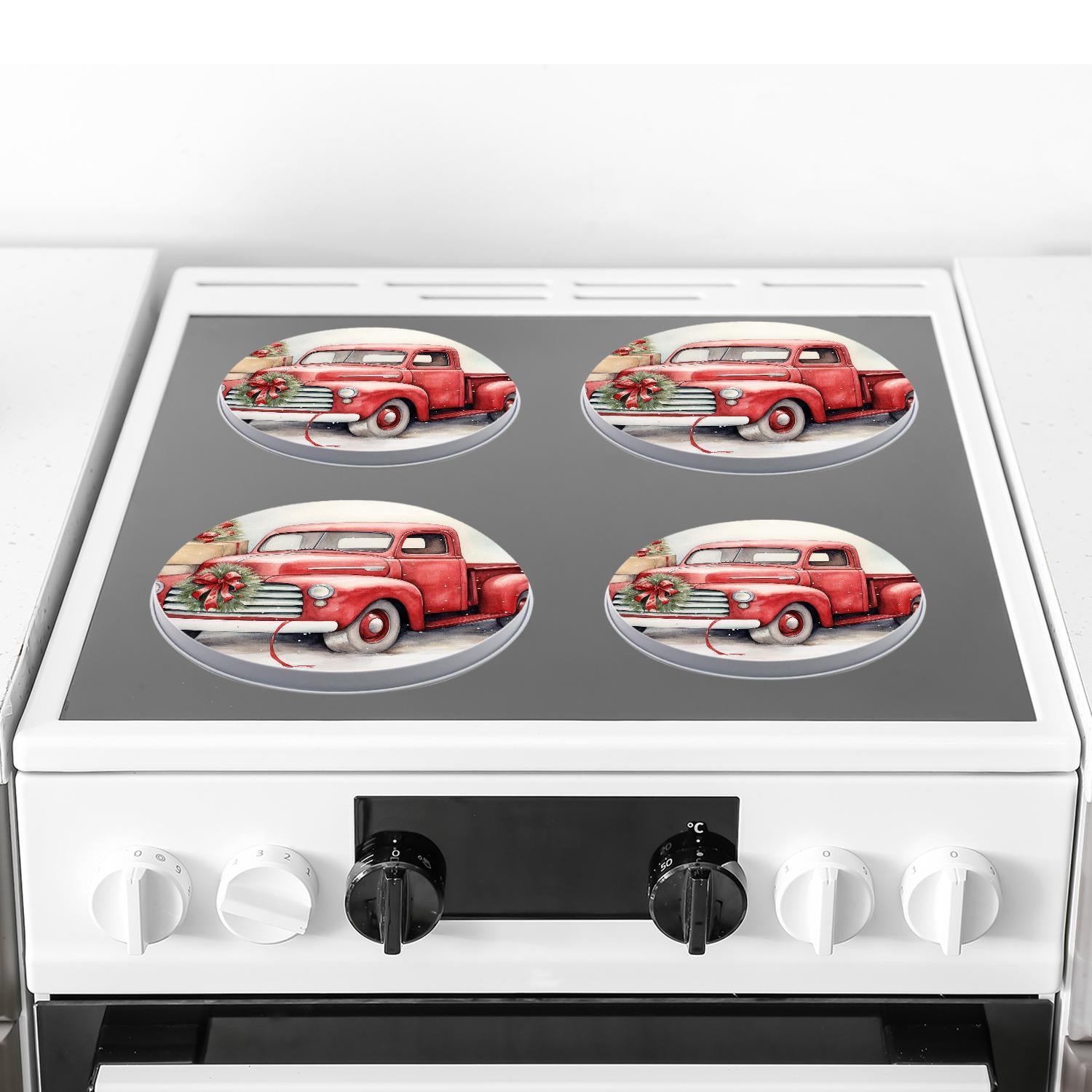 Decorative Stove Burner Covers 4 Pcs Metal Round Stove Burner Covers 8Inch And 10Inch for Home Decor Cooktop Decorative ,Blue Wooden Christmas Truck Poinsettia beautiful