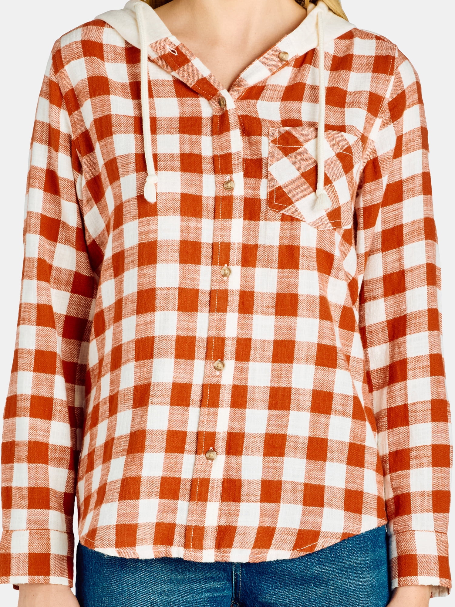Time and Tru Women's Hooded Flannel Button Down Shirt with Long Sleeves, Sizes XS-XXXL