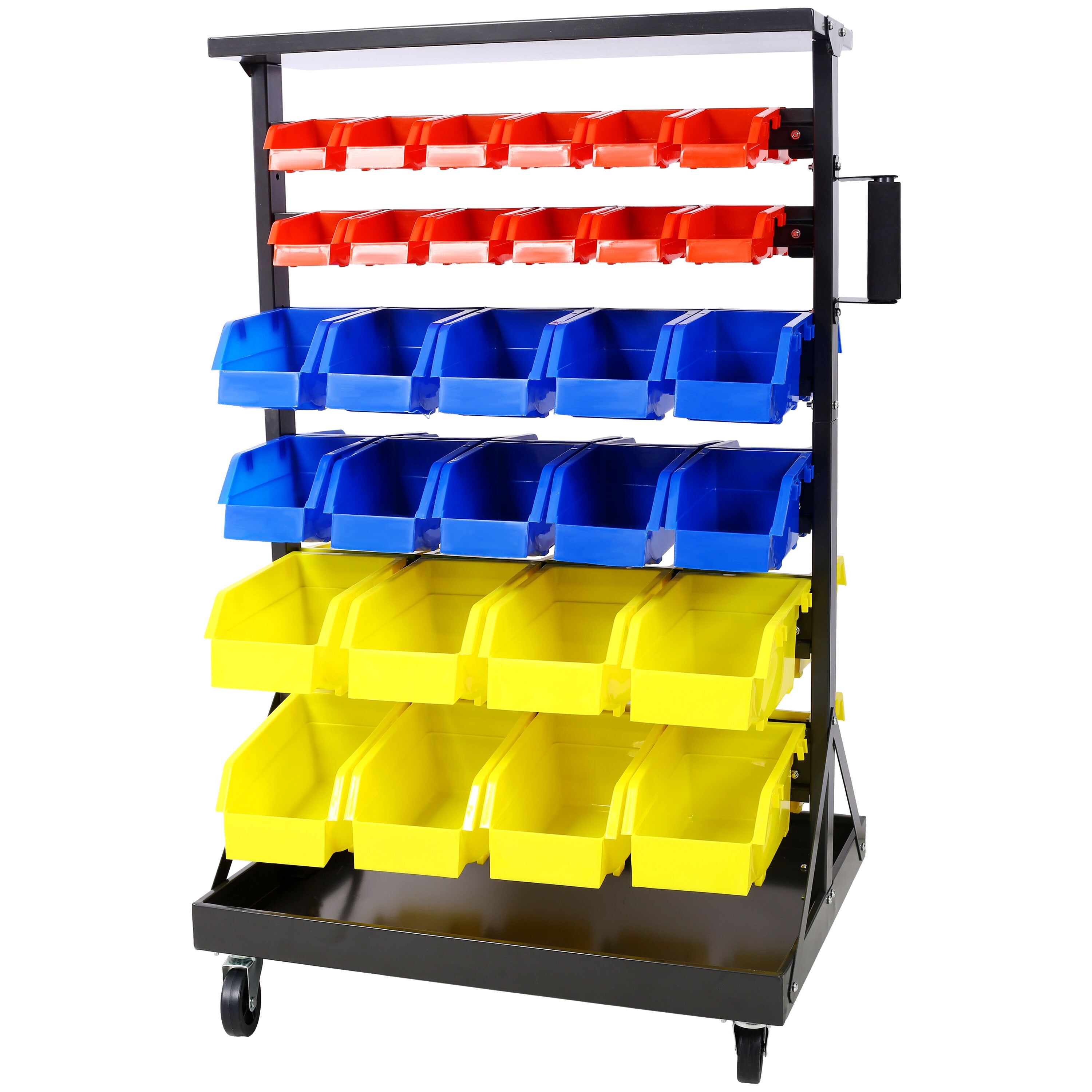 , 6-Tier Dual-Sided Rolling Bin Rack , 350 Pound Capacity, Includes 60 Organizer Bins, with Tray and Casters, Black ,Steel ,