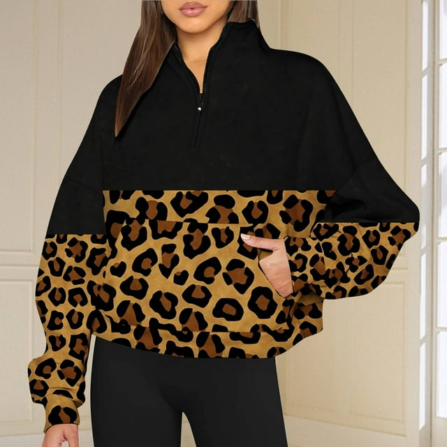 Chandails à Capuchon Mode pour Femmes 2023 Mode Automne Hiver Imprimé Léopard Décontracté Sport Col Rond Survêtements Manches Longues Col à Revers Fermeture Éclair Chandails à Capuchon Rabais de 50 % Liquidation Costumes d'Halloween/Noël