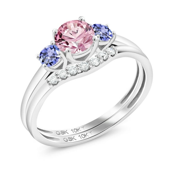 Gem Stone King 10K White Gold Pink Lab Grown Diamond and Blue Tanzanite and Lab Grown Diamond Bridal-Sets Ring for Women | 0.86 Cttw | Round 5MM | Gemstone April Birthstone | Size 7