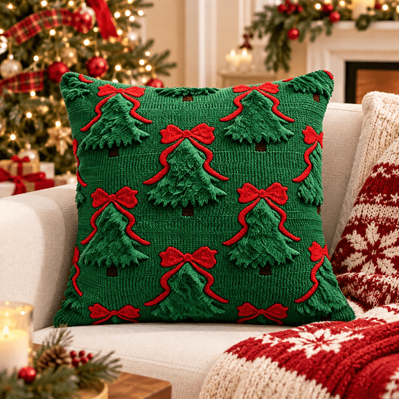 Christmas Pillow Cover 18x18, Pack of 1 3D Christmas Tree Knitted Throw Pillow Cover, Textured Christmas Decorations for Couch Sofa Living Room