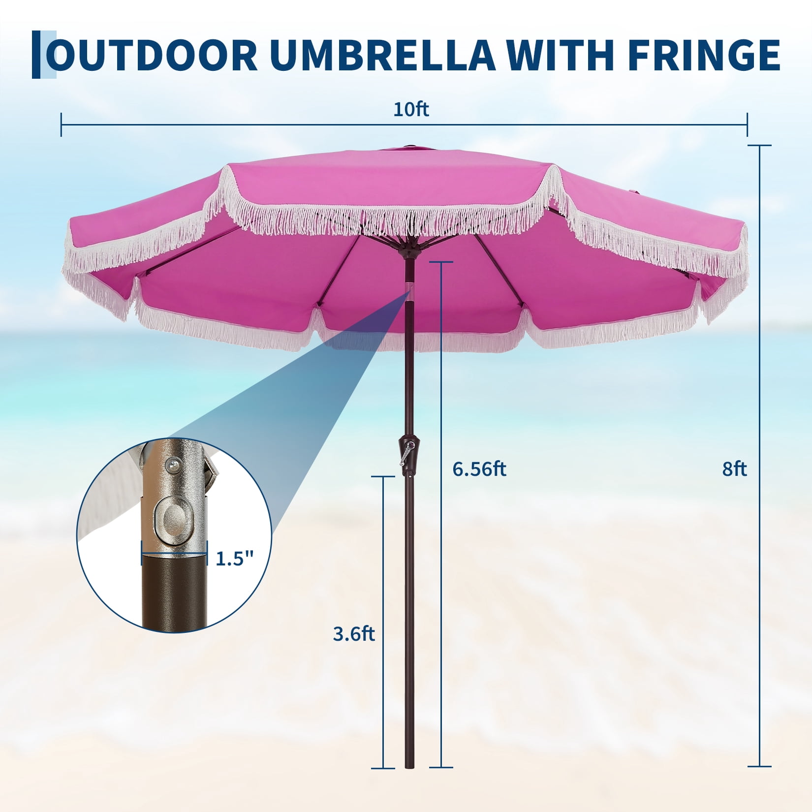 10FT Outdoor Patio Umbrella with Crank, Push Button Tilt, 8 Fiberglass Ribs, 1.5" Steel Pole, Large Tassel Canopy for Sun Shade, Beach, Pool, Backyard