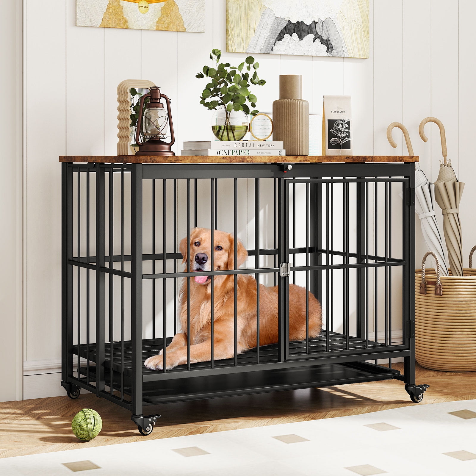 Gymax Foldable Dog Crate Furniture w/Removable Tray Lockable Door Lockable Wheels