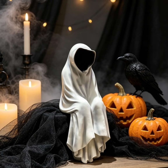 Orangide Hooded Ghost Figurine Sitting Ghost Statue Gothic Shelf Decor Halloween Tabletop Spooky Ornament