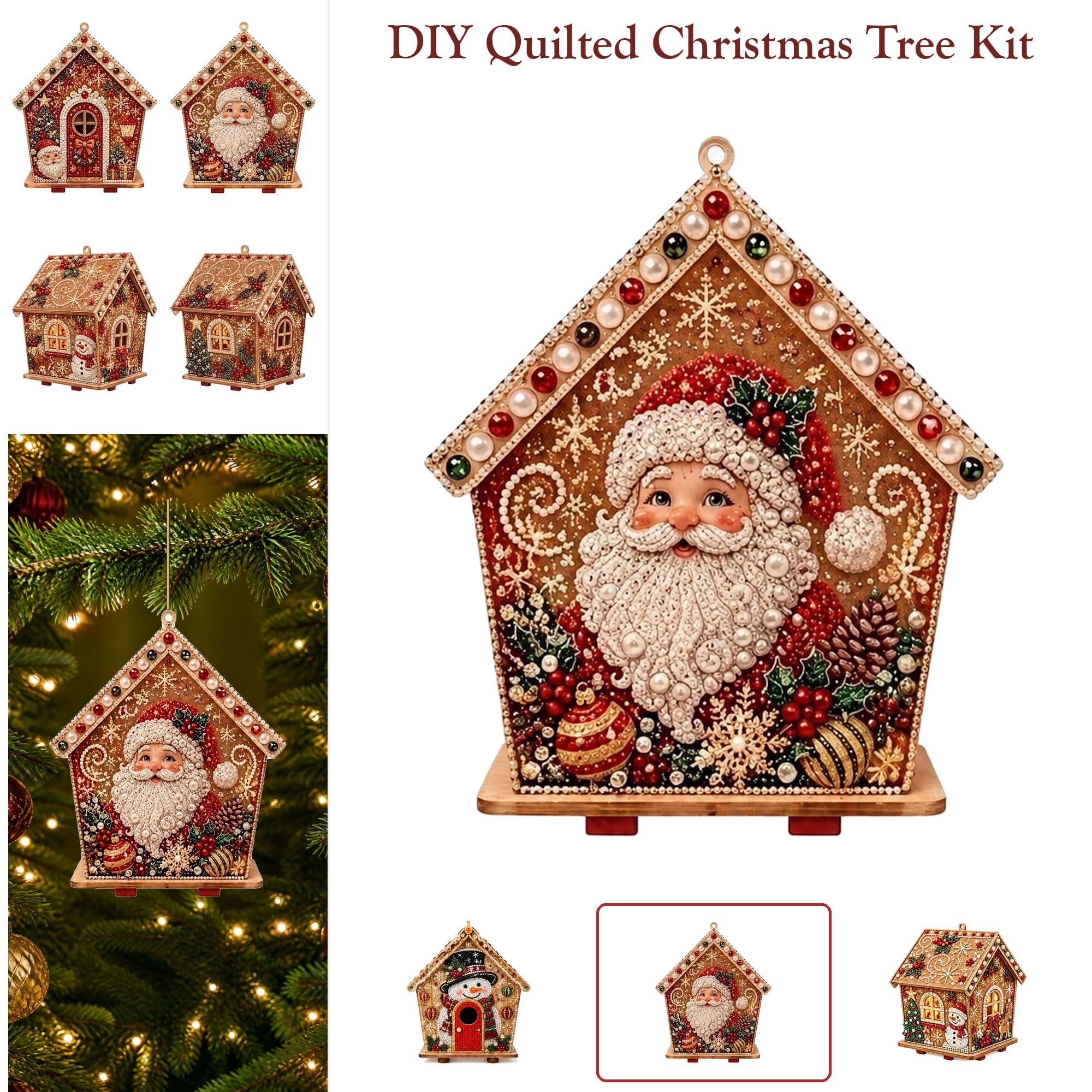 Christmas Diamond Paintings Wooden House Craft Kit Pearl Bead Rhinestone Art Set DIY Holiday Tabletop Ornament Decor Home Shelf Mantel Centerpiece Family Adult Teen Craft Activity