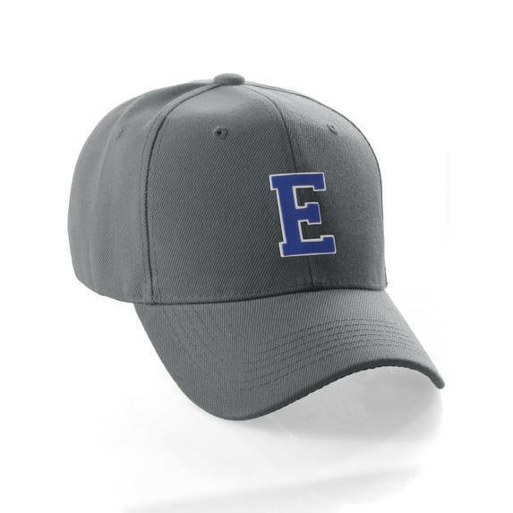 Classic Baseball Hat Custom A to Z Initial Team Letter, Charcoal Cap White Blue Letter E