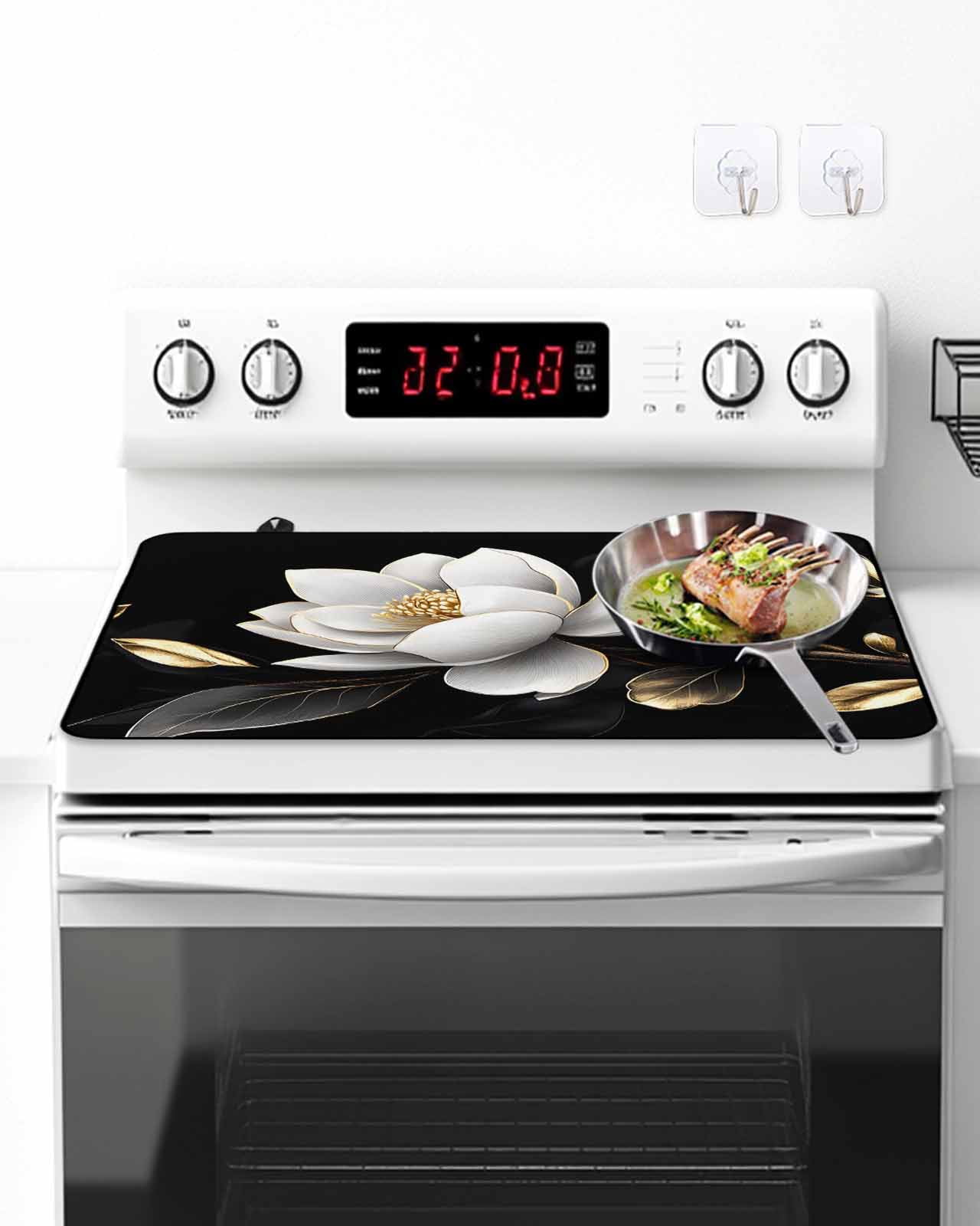 Stove Top Covers for Electric Stove, Gorgeous Flowers Glass Stovetop Cover Protector, White Gold Floral Botanicals Black Induction Cooktop Protector Oven Mat for Kitchen Countertop 24"x21"