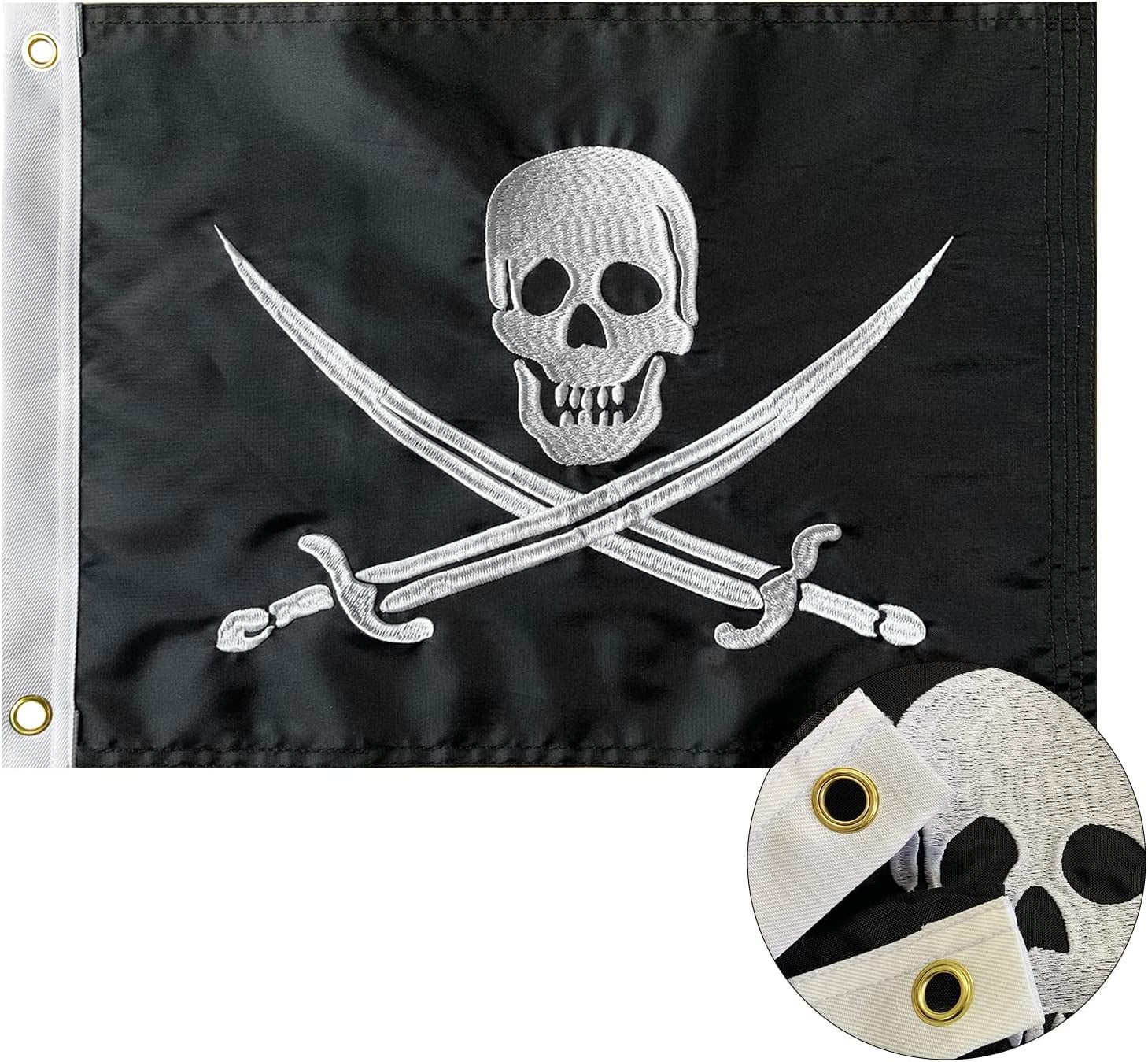 Flagolden Jolly Roger White Skull Pirate Flag 12x18 Inches Made in USA Embroidered Pirate