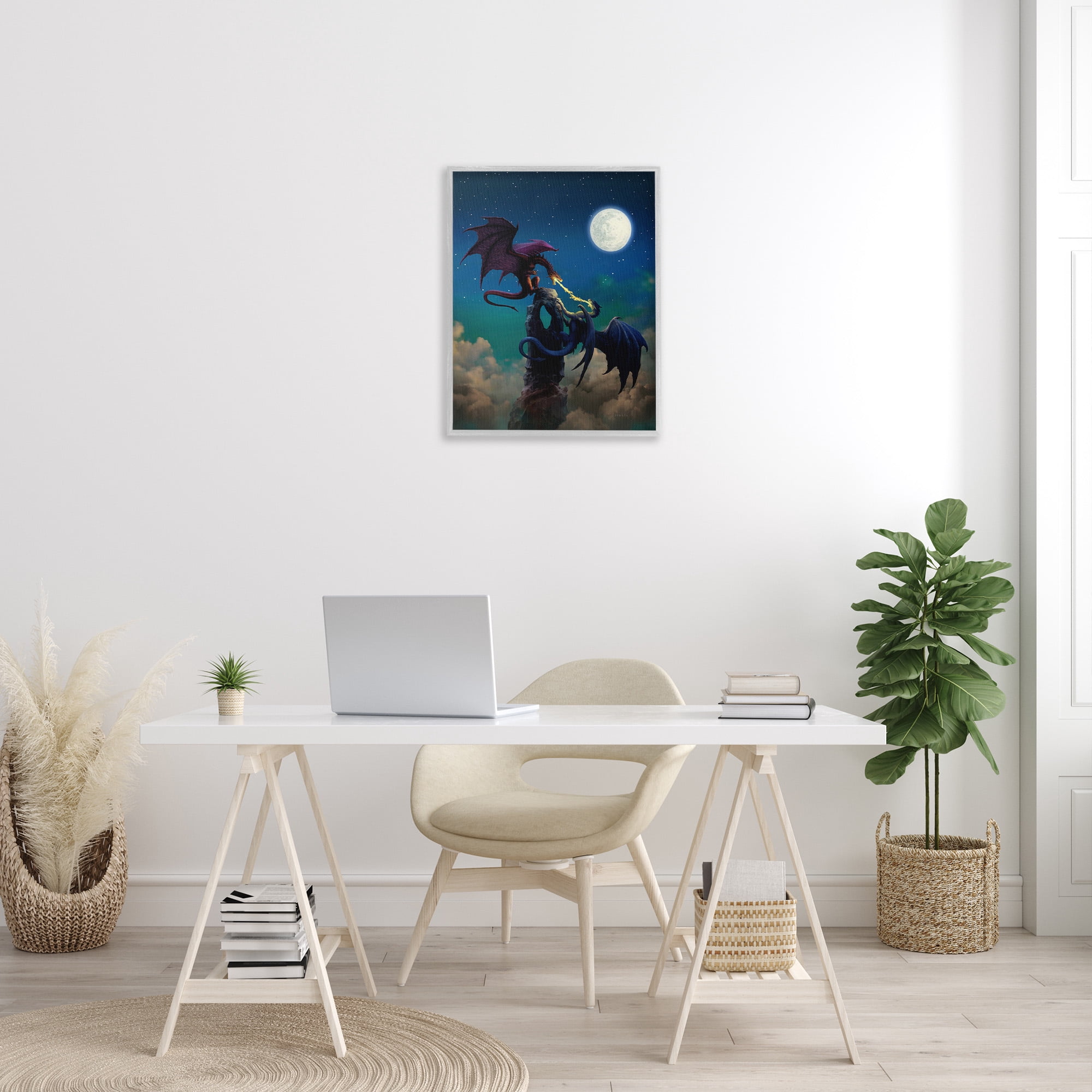 Stupell Industries Battling Dragons at Night Fairy Tales & Fantasy Painting Gray Framed Art Print Wall Art, 24 x 30