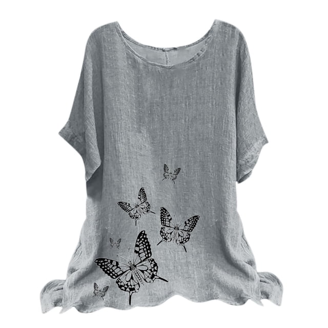 Leutsin T-Shirt d'Été Ample en Coton et Lin Imprimé Col Rond Manches Courtes pour Femmes