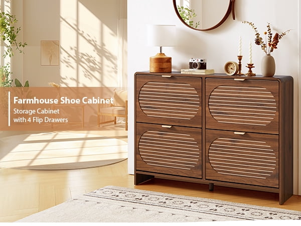 Wirrytor Walnut Curved Oval 4 Flip Drawer Shoe Cabinet, Farmhouse Stripe Pattern Shoe Storage Organizer, Adjustable Shelves Narrow Entryway Shoe Rack With Anti-Tipping Device For Hallway