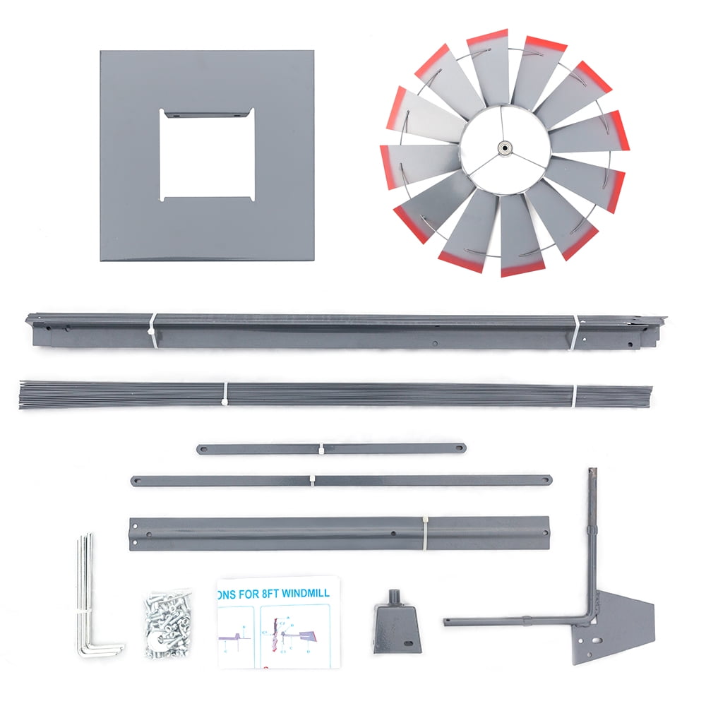 8FT Weather Resistant Yard Garden Windmill, Gray & Red