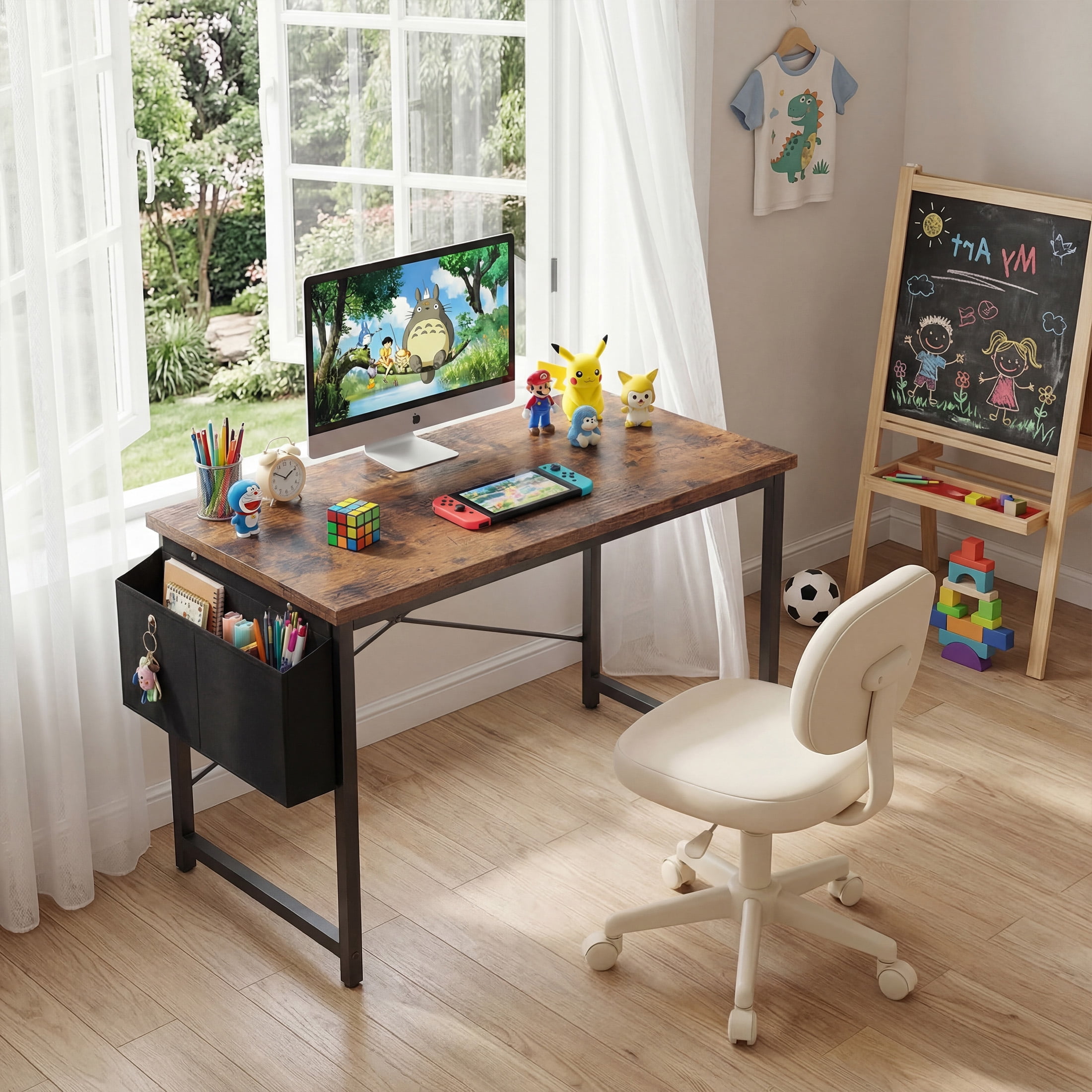 edx 44" Home Office Desk for Small Spaces, Computer Desk with Storage Bag & Hook, Modern Simple Style Study Writing Table for Bedroom, Rustic Brown