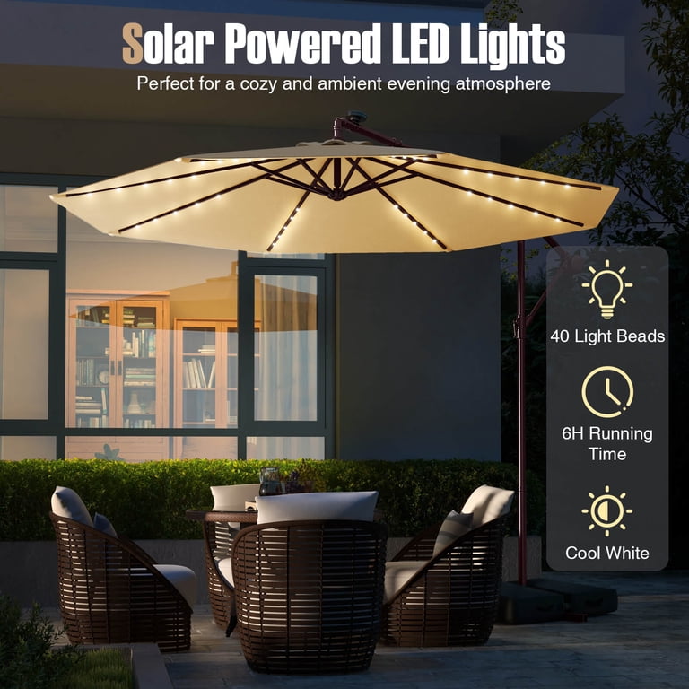 Costway 10FT Hanging Patio Umbrella, Solar LED Lights, UV-Resistant Canopy, Sand Bag Base - Walmart.com Costway 10FT Hanging Patio Umbrella, Solar LED Lights, UV-Resistant Canopy, Sand Bag Base - Walmart.com