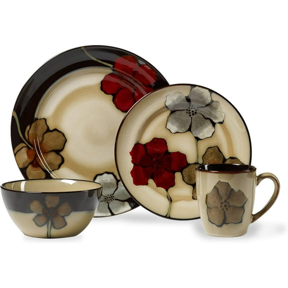 Painted Poppies 16-Piece Dinnerware Set, Service for 4, Colorful Floral Stoneware Plates, Bowls, and Mugs, Microwave and Dishwasher Safe