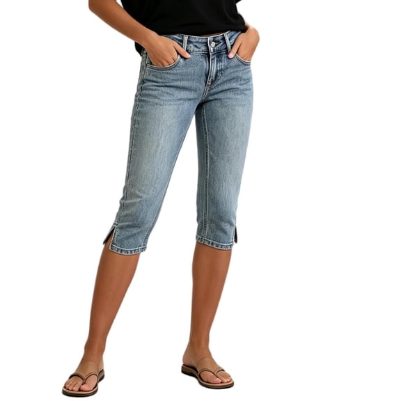 LEKWK Capri Jeans for Women Stretch Mid Rise Casual Denim Capri Pants Side Slit Slim Fit Pull On Cropped Trousers with Pockets Fashion Daily Wear