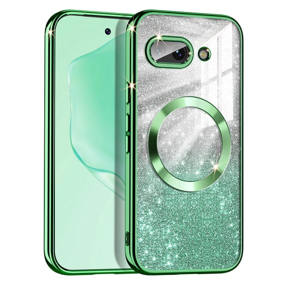 Casetego For Google Pixel 9A Case,Compatible with MagSafe,Clear Magnetic Glitter Gradient Sparkle Luxury Plated Soft TPU Bumper Full Camera Lens Protector,Green