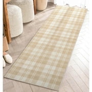 Well Woven Apollo Plaid Modern Beige Brown Flat Pile Easy to Clean 2'3" x 7'3" Runner Rug for Living Room Stairs Hallway and Kitchen