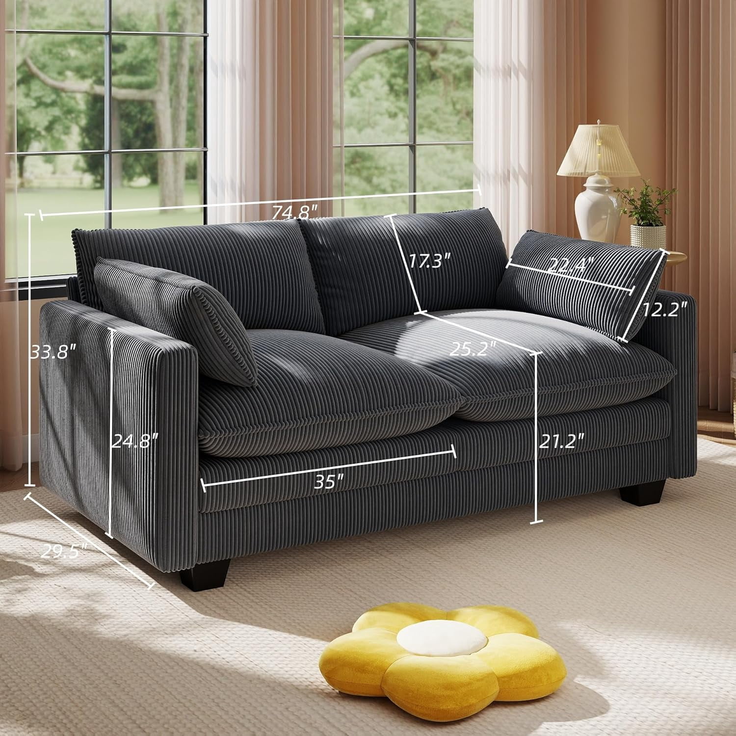 Noelse 75” Cloud Loveseat with Comfy Double Layer Upholstered Cushion, 2 Seater Modern Overstuffed Love seat Couch with Removable and Washable Corduroy Fabric for Living Room or Small Places, Grey