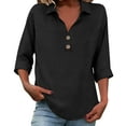thumbnail image 2 of Qulqfy Womens Shirts Casual Plus Size Henley Cotton Linen 3/4 Sleeve Black Blouse Spring with Collar Solid Tops for Women L, 2 of 5
