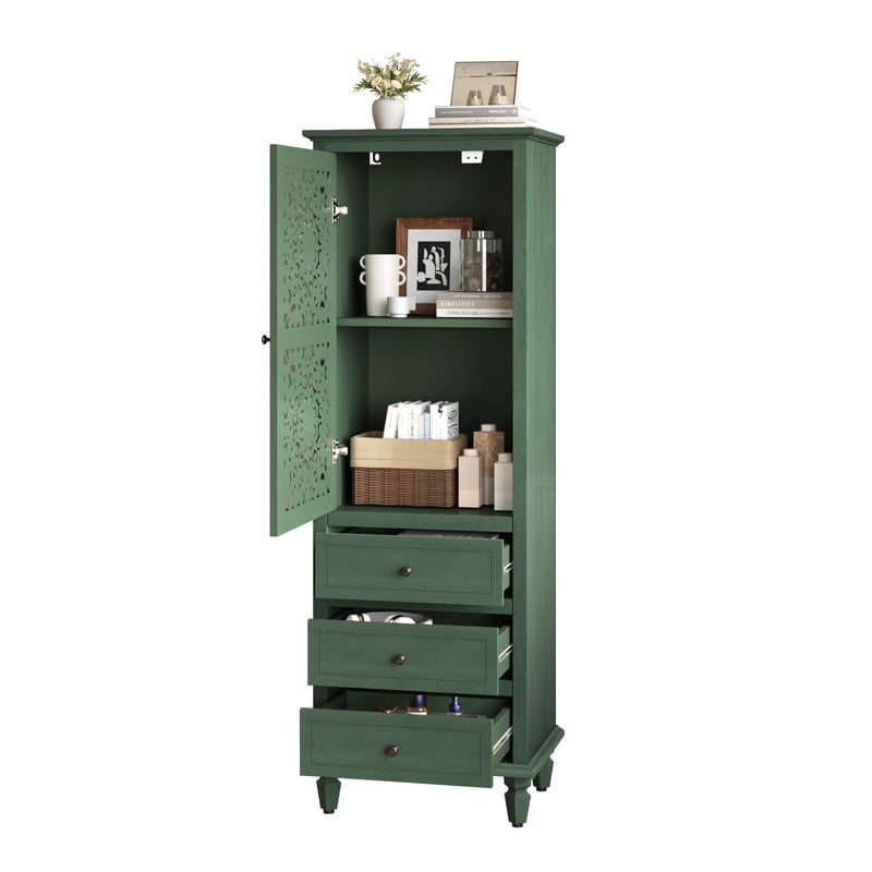 Vintage Storage Cabinet with Carved Door & 3 Drawers, Freestanding Decorative Sideboard, Display Cabinet with Adjustable Shelf