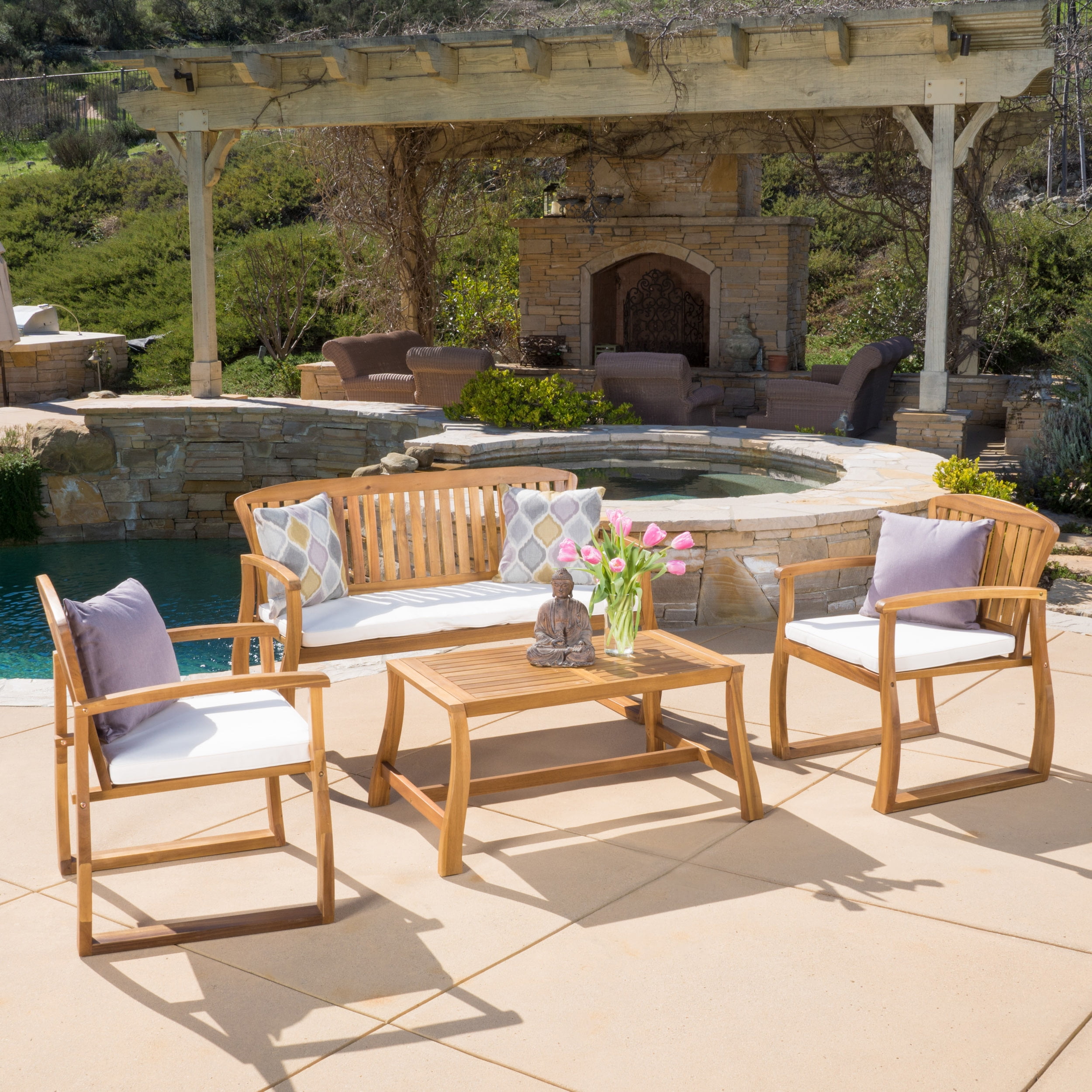 Eugene Outdoor 4 Piece Acacia Wood Conversation Set with Cushions