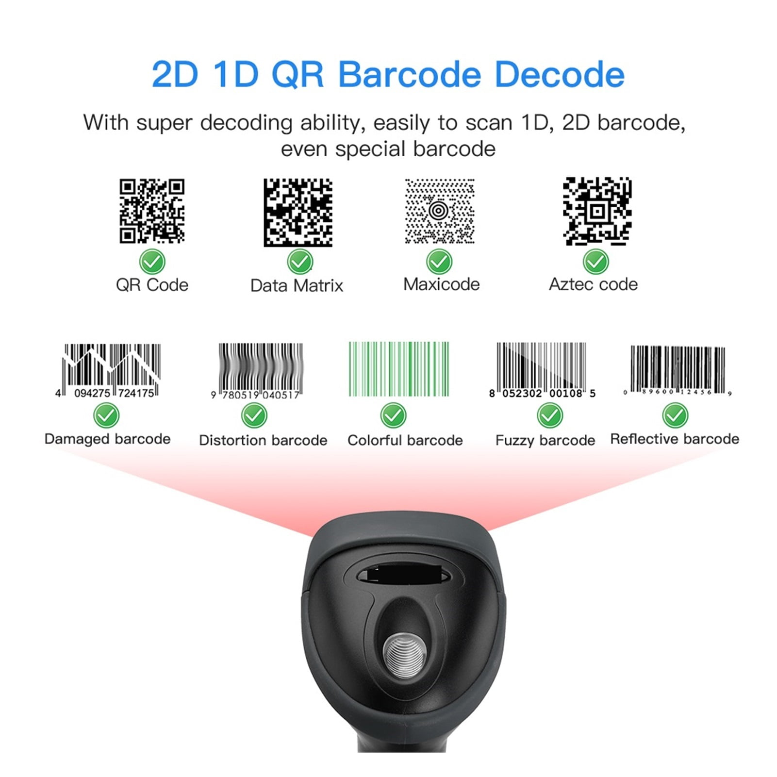 Wired 1D QR 2D Barcode Scanner Handheld Extra Long USB Wired Bar Codes Reader CCD PDF417 Data Matrix Bar Code Scanning ,Easy to Operate