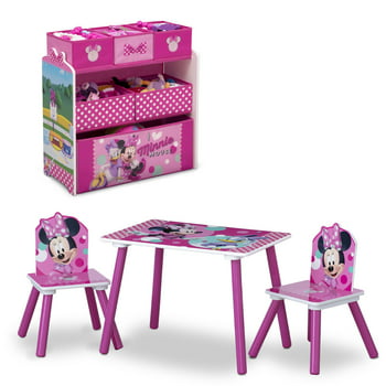 Disney Minnie Mouse 4-Piece Wood Toddler Playroom Set – Includes Table, 2 Chairs & Toy Bin, Pink