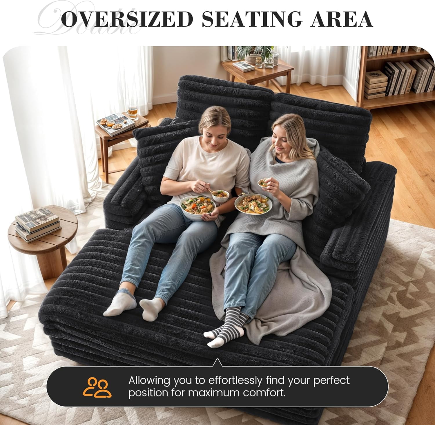 Gelloan Oversized Chaise Lounge Chair Indoor, Upholstered Sofa Bed with Throw Pillows and Armrests, Sleeper Chair for Living Room, Bedroom,Black