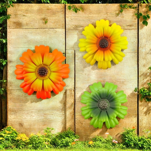 3PCS Metal Outdoor Wall Decor Flower Art Sculptures, Vibrant Colored Floral Hanging Accents with Durable Construction, for Patio Garden Yard Porch Living Room Bedroom Home Decoration