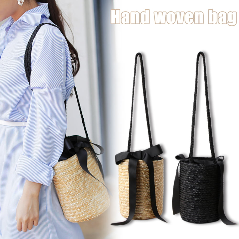 GSERA Bucket-Shaped Cute Straw Bag Knitted Flower Beach Storage Messenger Bag Straw Totes Fashion Woven Shoulder Bags 