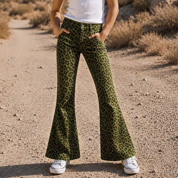 Bysome Pants For Girls Leopard Print Elastic Waist With Pockets Flared Trousers Fashion Girls Pants Size 5-6 Years Army Green