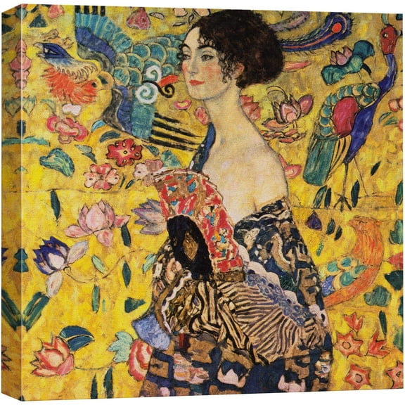 Woman with Fan (or Lady with Fan) by Gustav Klimt Famous Fine Art Reproduction World Famous Painting Replica on ped Print Wood Framed - Canvas Art Wall Art - 12" x 12"