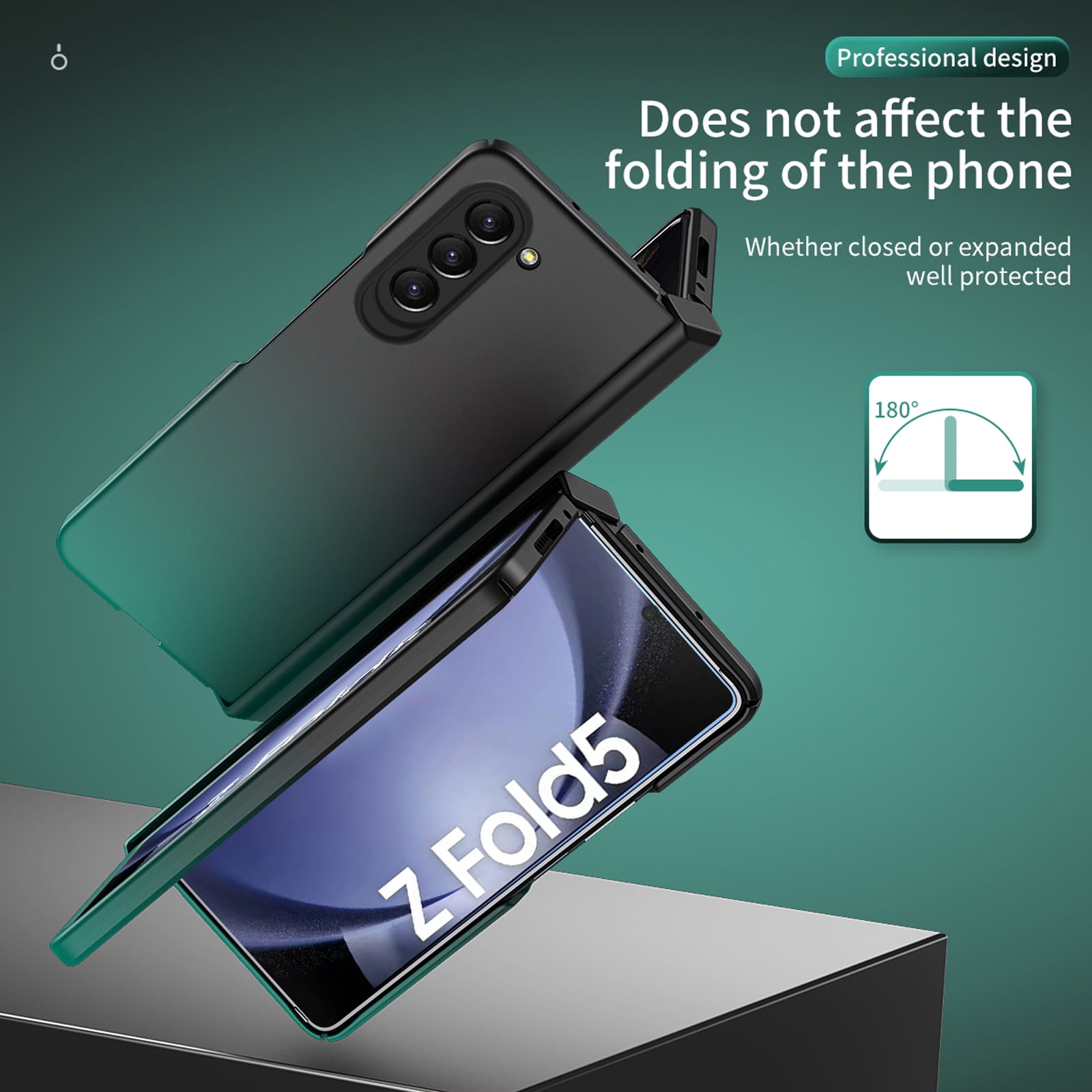 for Samsung Galaxy Z Fold 5 5G 2023 Case, Luxury Gradient Tempered Glass Drop Protection Matte Shockproof Hybrid Folding Flip Phone Case Cover for Samsung Galaxy Z Fold 5 5G 7.6 inch, lack + Green