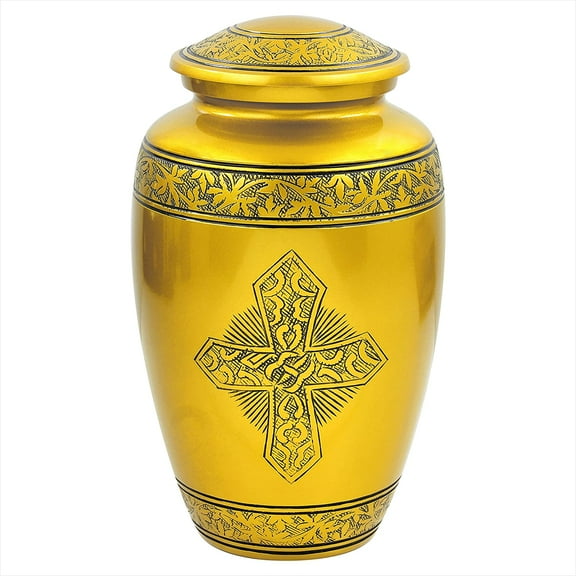 Aluminum Metal Cremation Urns for Ashes & Mortal Remains | Handmade Beautiful Urns for Humans and Pets (Cross Brass Antique)